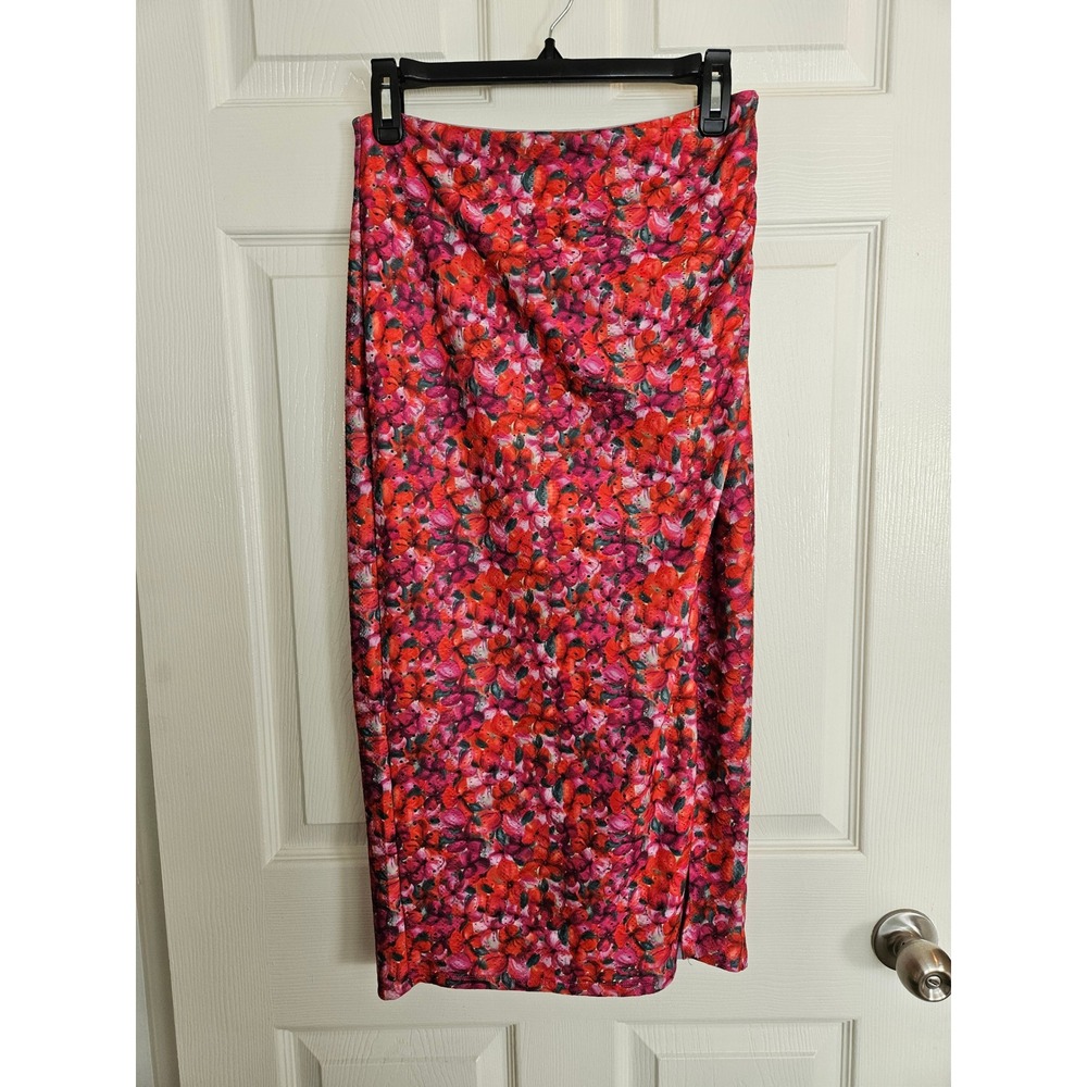 Lovers and Friends Floral Bodycon Skirt Ruched Midi Party Red Orange Pink S